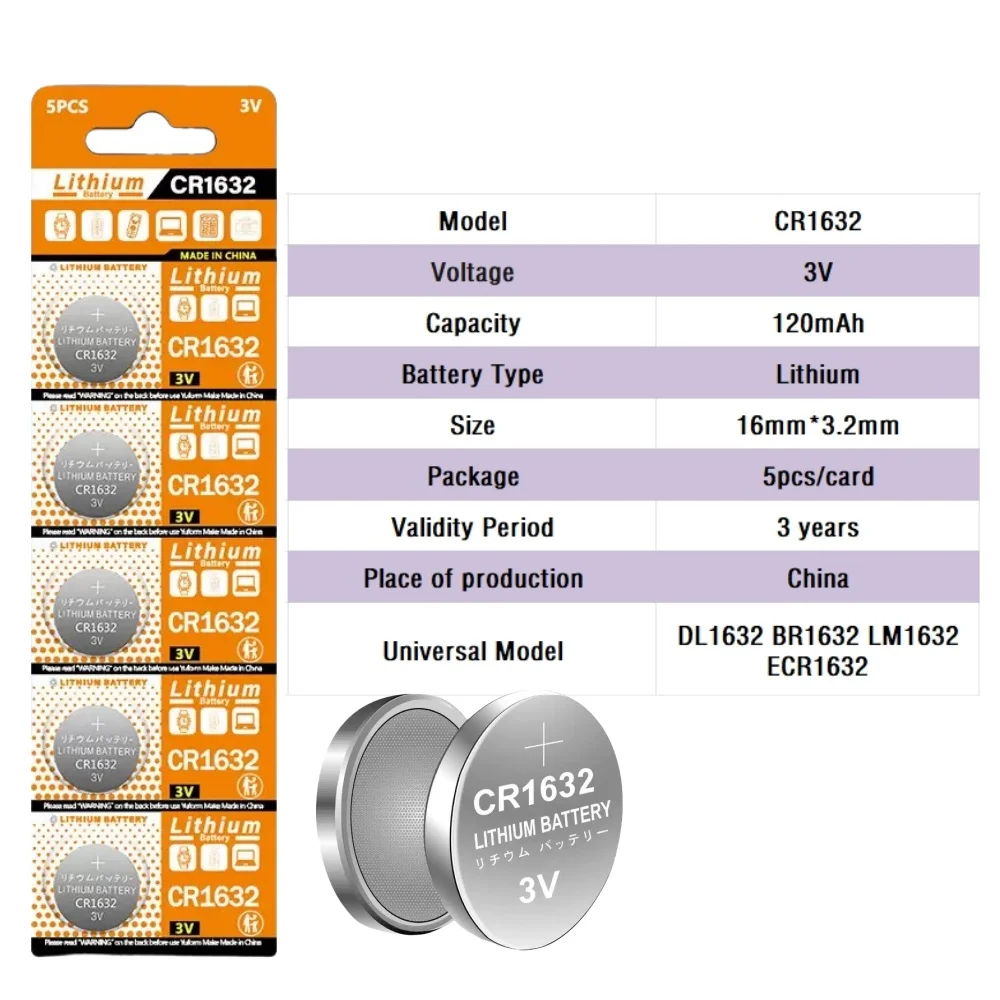 High Performance CR1632 Coin Cell Battery 3V Full Compatible LM1632 BR1632 ECR1632 for Auto Key Electric Alarm Household Remote