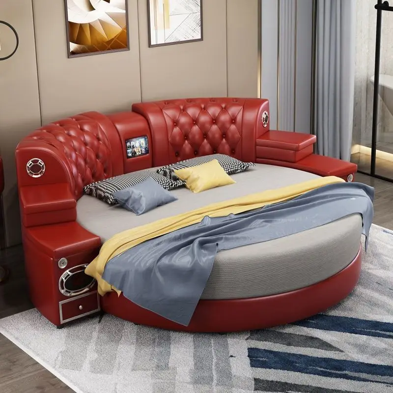 European round bed, leather double multi-functional modern simple wedding bed