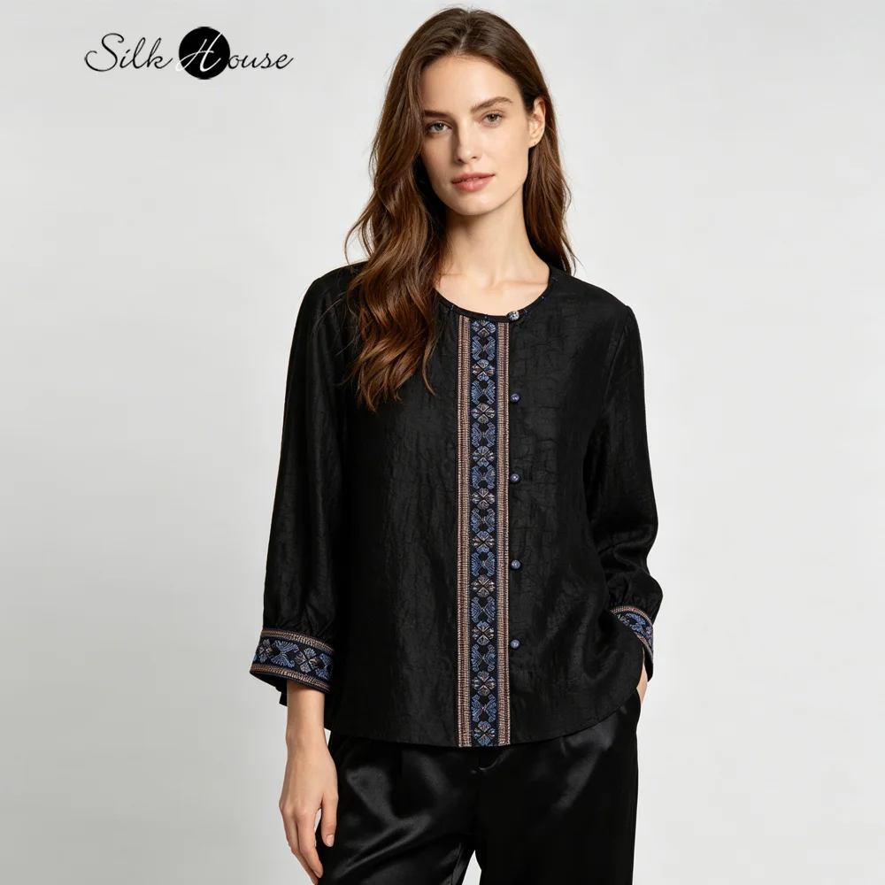 Women's Fashion Spring/Summer New Butterfly Button Embroidered 100% Natural Mulberry Silk Fragrant Cloud Yarn Round Neck Coat