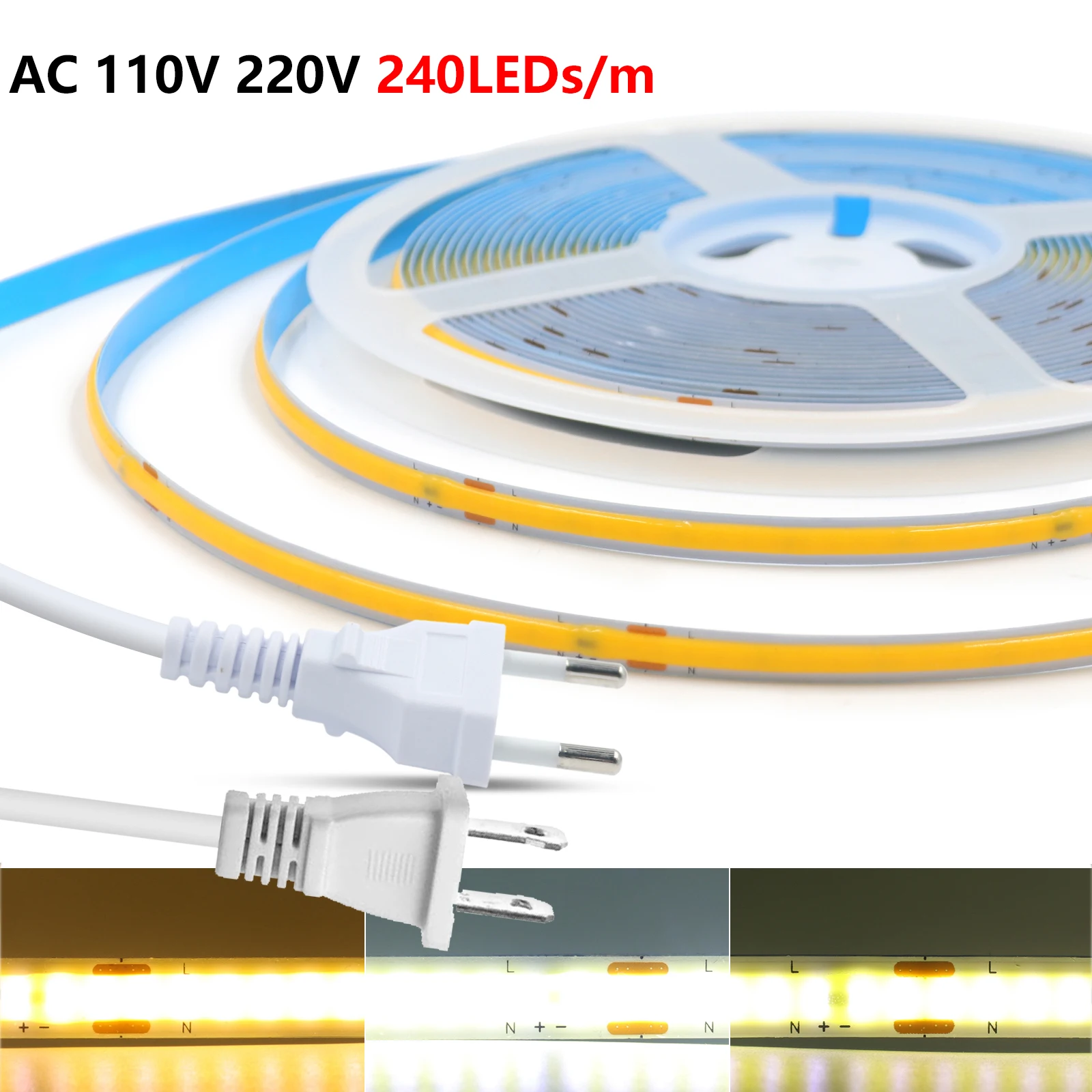 

5M 10M 15M 20M COB Светодиодная лента переменного тока 110V 220V Высокая яркость 240LEDs/m Гибкая клейкая лента с вилкой европейского/американского стандарта 8 мм PCB Линейное освещение