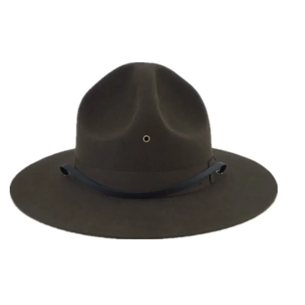 WWII WW2 U.S.Adult Wool Fedora Hats Wool Big-brim Hard Cowboy Hat Adjustable Size Woolen Soldier Knight Green Fedora Hat