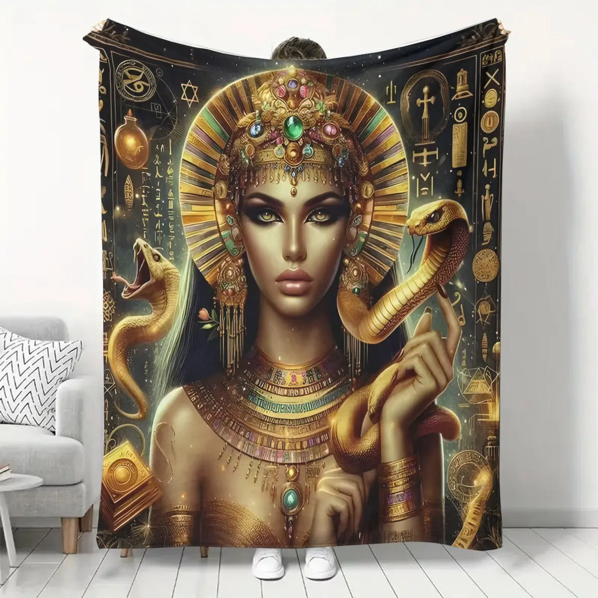 Flannel Printed Blanket Egyptian Queen Cleopatra Snake Art Design Soft Cozy Throw Blanket Gift