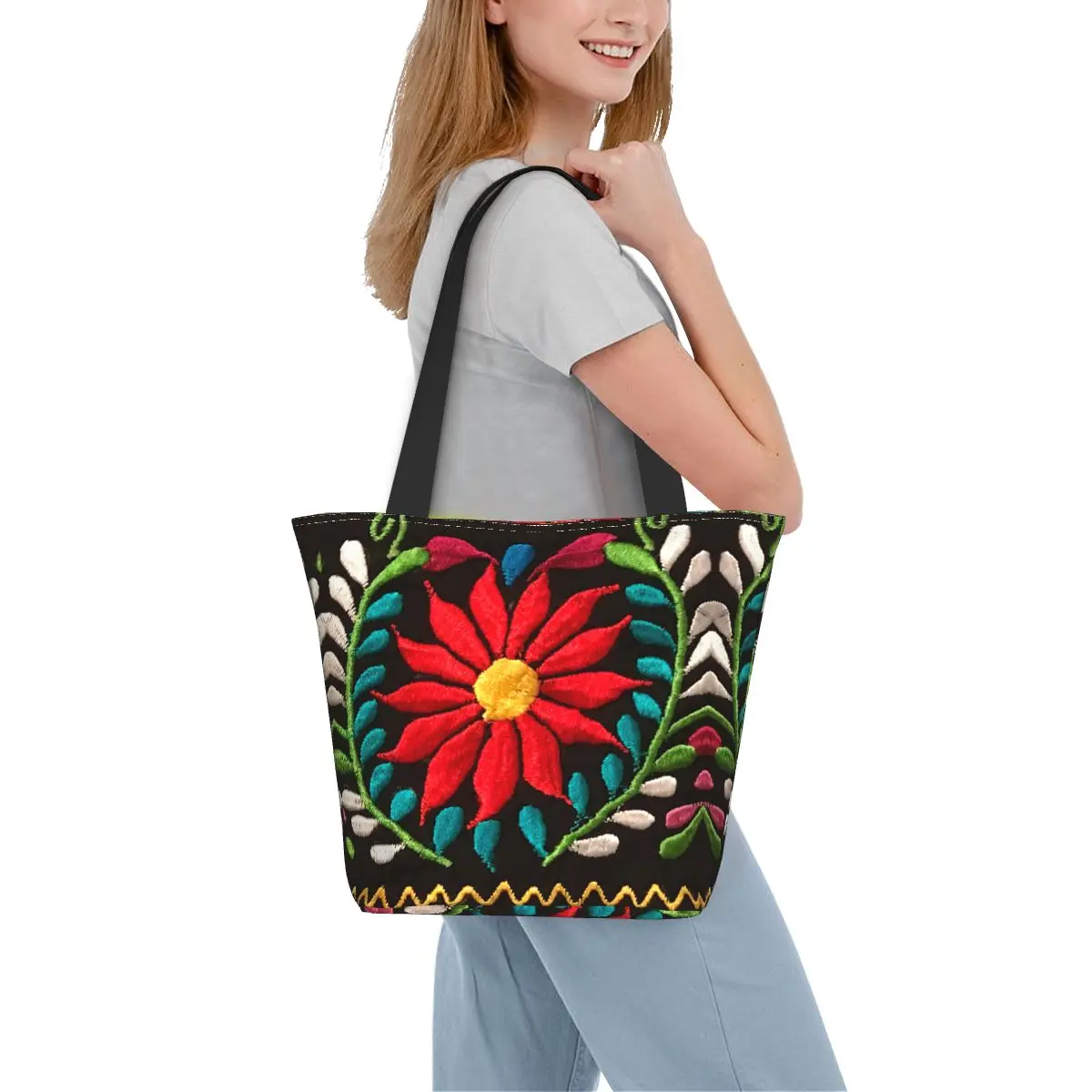 Mexican Spanish Embroidery Flowers Tote Shopping Bags Recycling Canvas Shoulder Shopper Traditional Textile Flowers Handbag