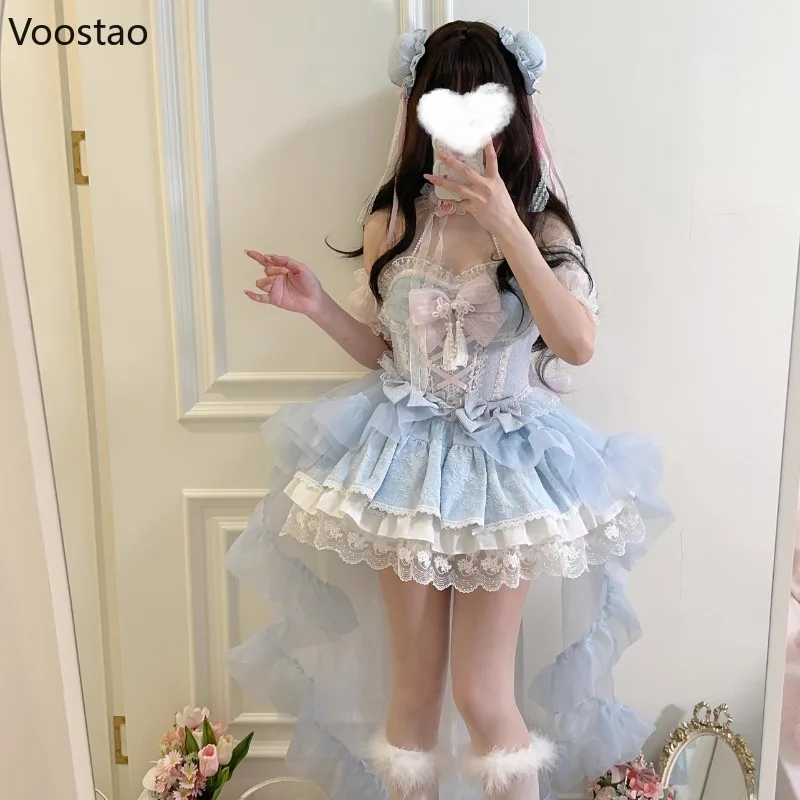 Sweet Cute Lolita Princess Dress Women Elegant Kawaii Lace Ruffles Bow Slim Dresses Girls Harajuku Y2k Evening Party Mini Dress