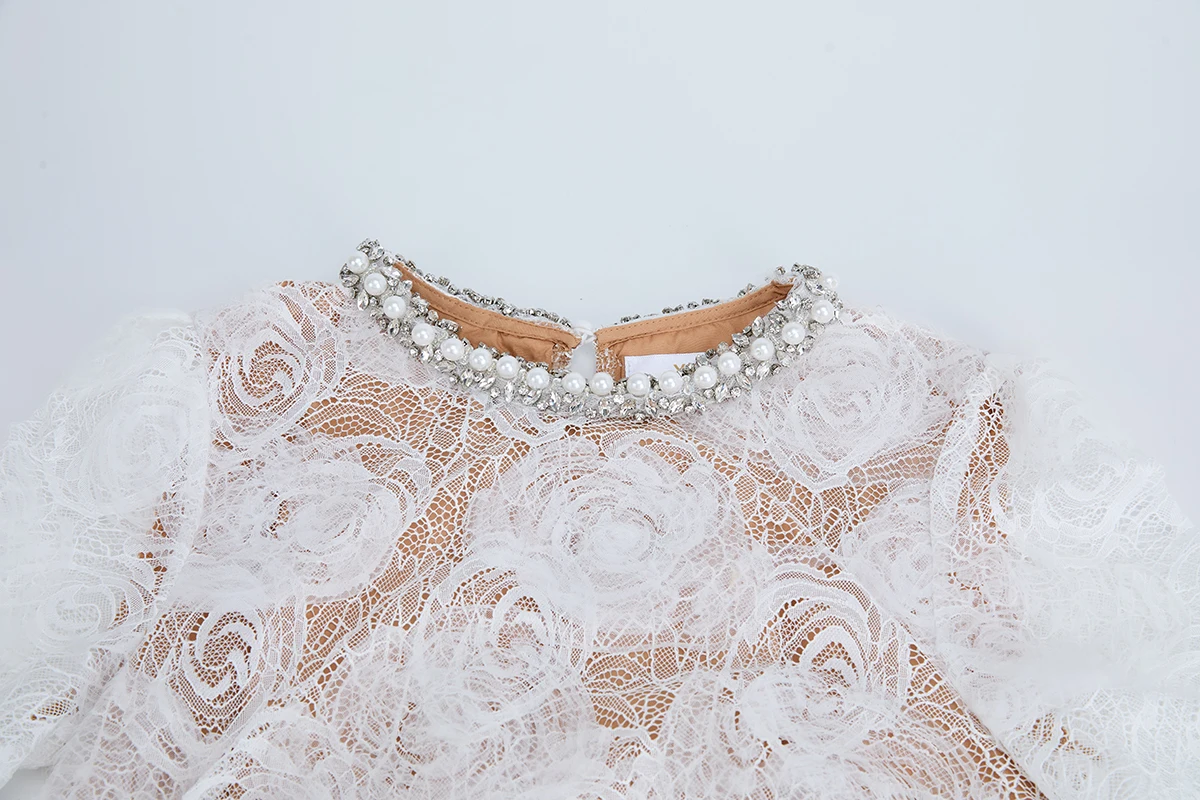 French Luxury Beading Lace Evening Dress Women Elegant White Embroidery Hollow Out Short Sleeve Prom Party Fishtail Dress Belt