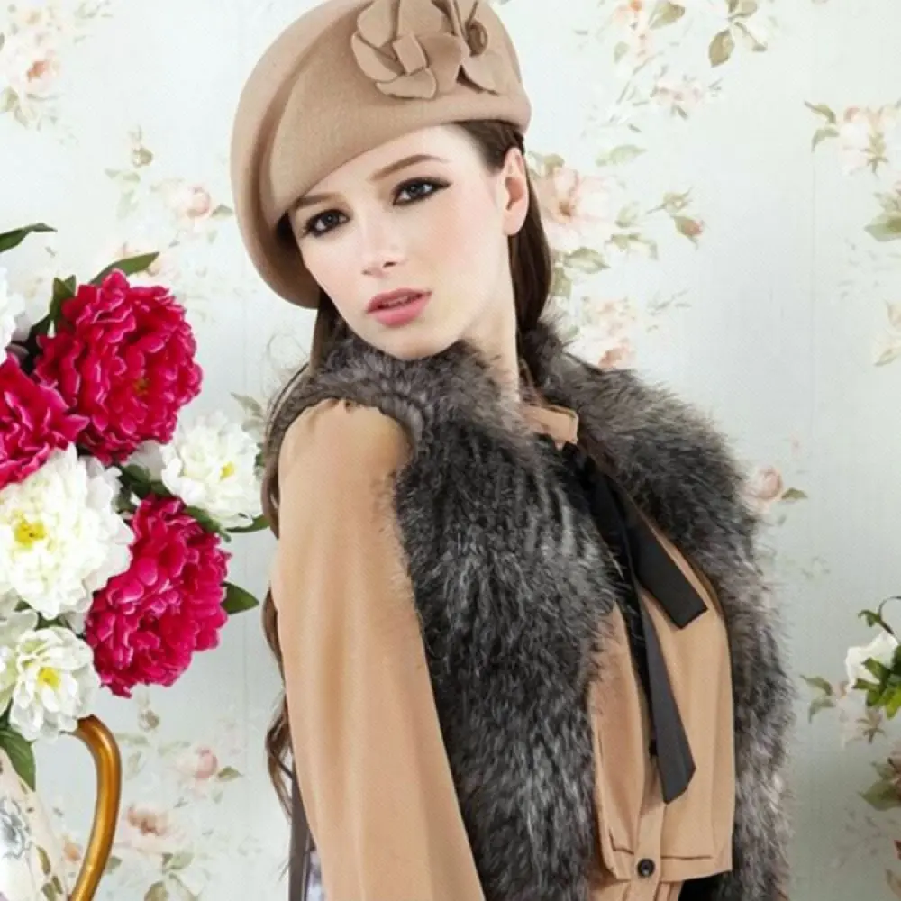 Elegant Floral Wool Beret Hat Women Winter Warm Cap British Fashion Style Vintage Artist Bonnet Casual Daily Headwear