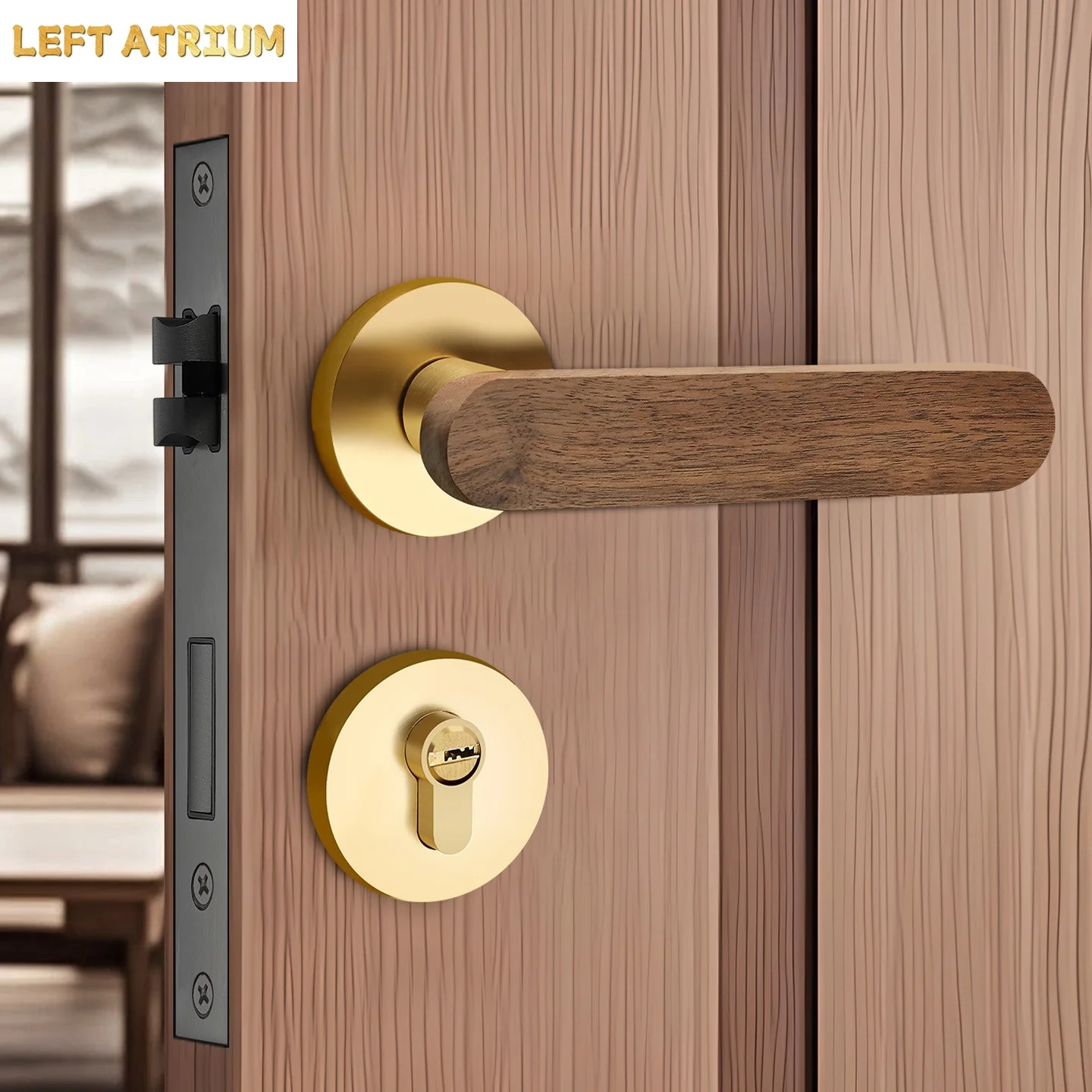 Luxury-lite walnut door lock for silent indoor use in domestic bedrooms. New Chinese-style split room door wooden door handle.
