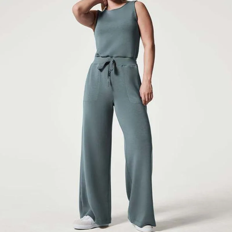 Zomermouwtjes Skinny Outfits Met Trekkoord Laten Zien In Stijl Gebreide Overall Mode Hoge Taille Zakken Solide Jumpsuit Voor Dames