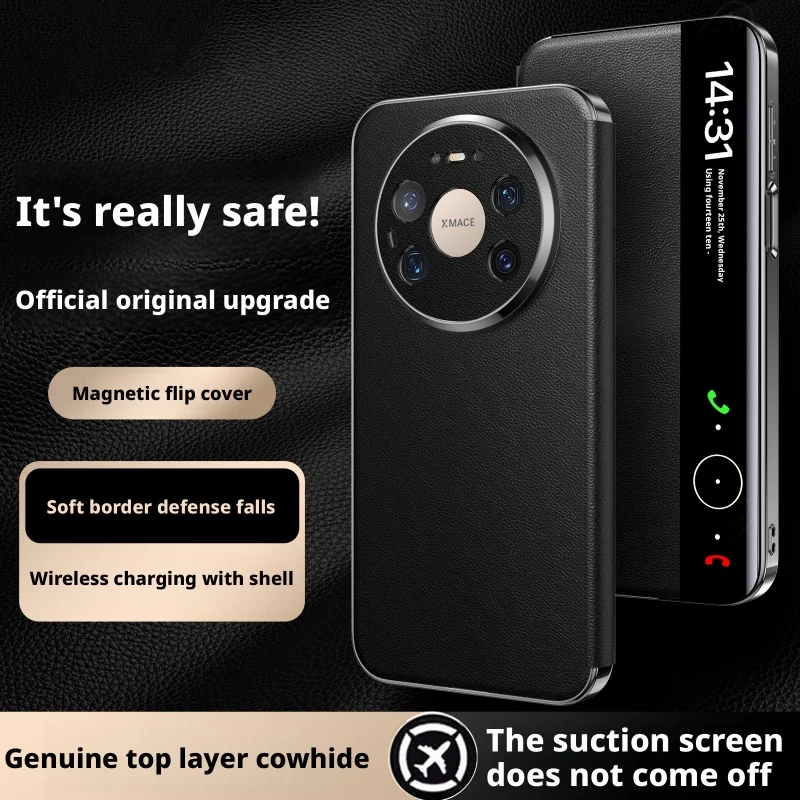 

Роскошный чехол-флип из натуральной кожи с умным окном для Huawei Mate 80 Pro Max, официальный, с текстурой, на магнитах, для использования без рук