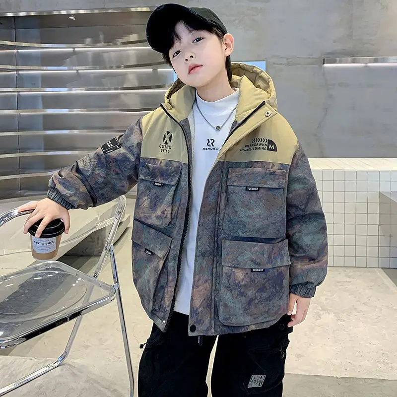 Children Winter Outerwear Boys Thickened Cotton Fleece Coat Kids Hooded Warm Overcoat 2024 New Fashion Casual Clothing 5-14 Yrs