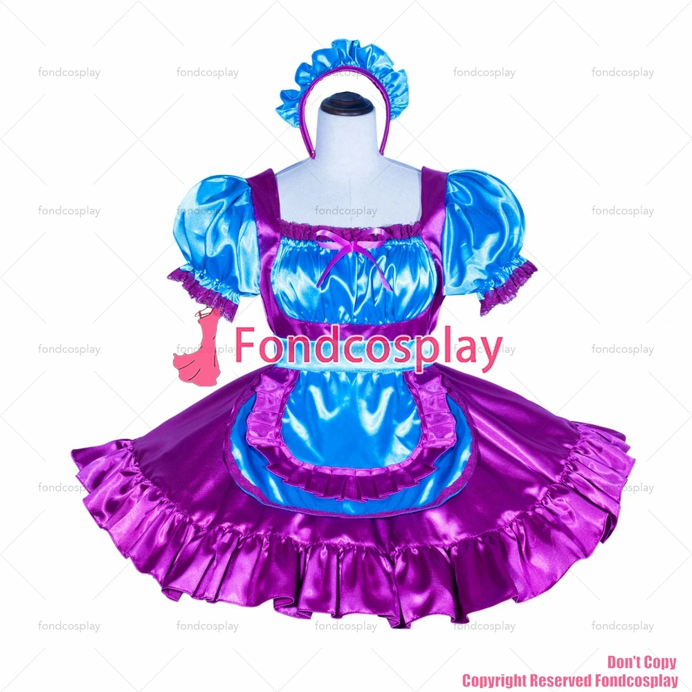 fondcosplay adult sexy cross dressing sissy maid short French Lockable Blue purple satin Dress Uniform CD/TV[G4015]