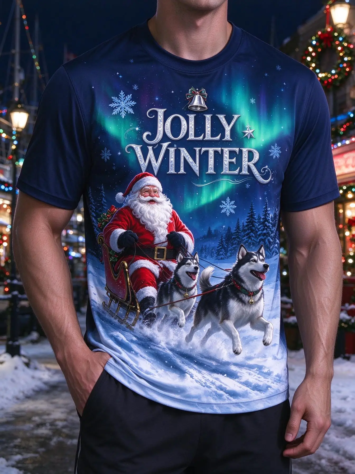 Men Christmas T-shirt Jolly Winter Santa Sled Husky Dog Aurora Snow Graphic Short Sleeve Casual Tee