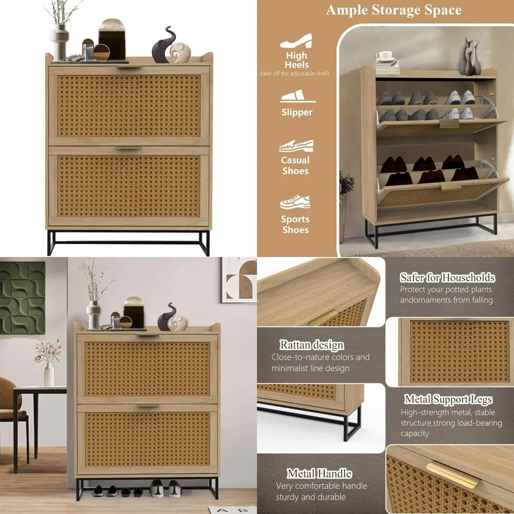 

Narrow Freestanding Wooden Shoe Storage Cabinet with 2 Flip Drawers and Metal Legs for Compact Organization