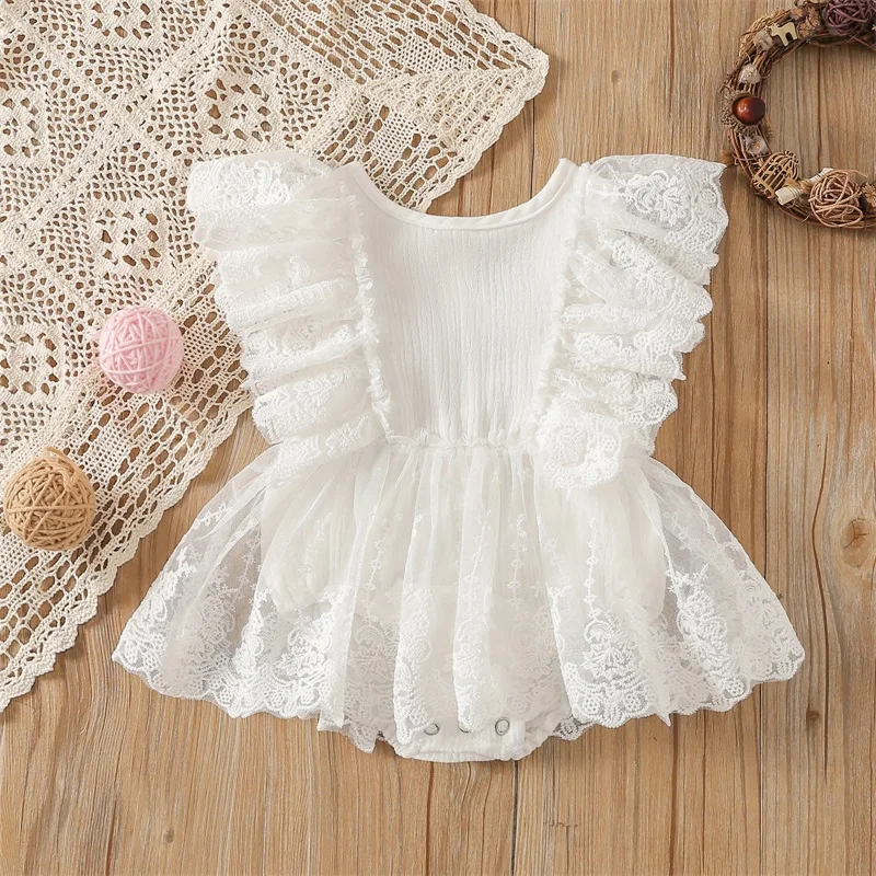 0-18 Months Toddler Baby Girls Romper Tutu Skirt Lovely Summer White Fly Sleeves Lace Jumpsuit Children Cute Playsuit Outfits