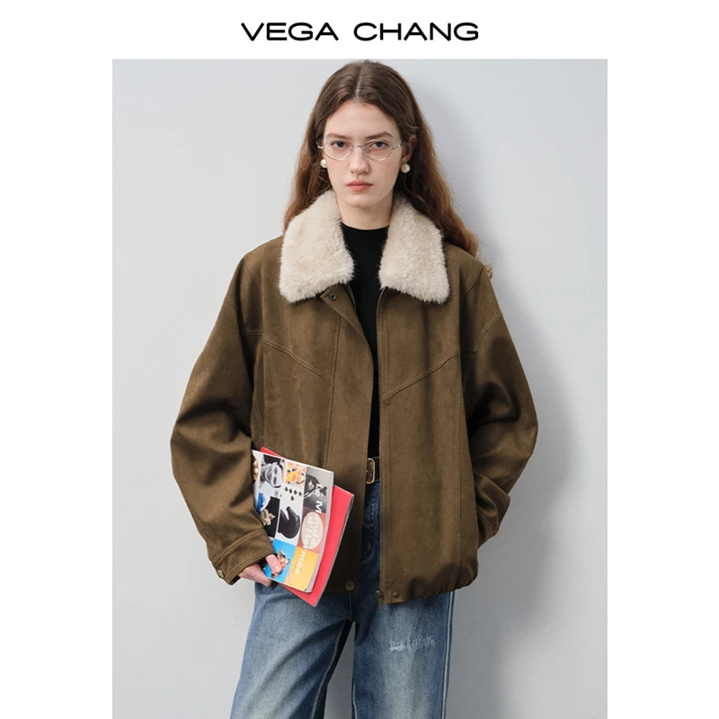 

Vega Chang Autumn and Winter New Women's Faux Suede Texture Melard Retro Plush Collar Short Jacket