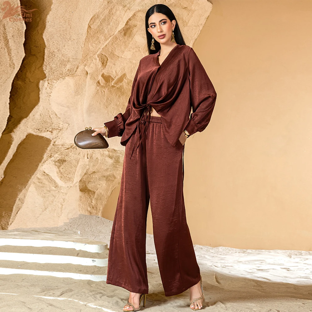 

2025 Ramadan Satin Tops Pants Set Ramadan Muslim Women 2 Piece Suit Kebaya Abaya Islam Clothing Kaftan Femme Musulmans Ensembles