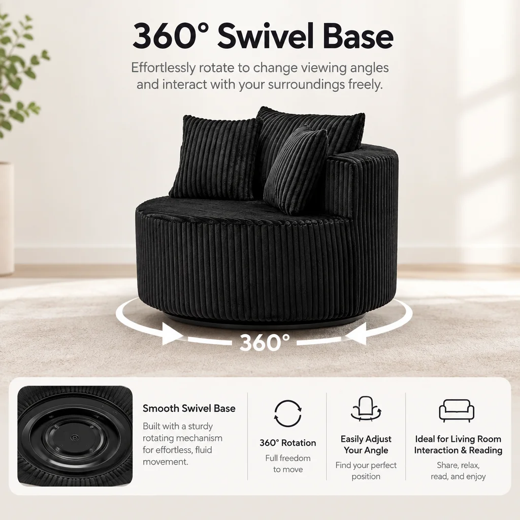Oversized Single Lounge Chair 360 Degree Swivel Base Luxury Upholstery Matching Throw Pillow Wraparound Backrest Suitable for Living Room Bedroom Round Swivel Accent Chair