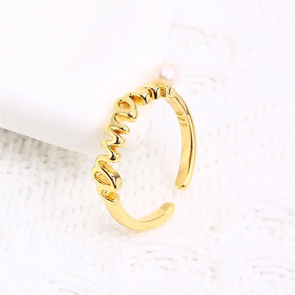 Domestic 14k Gold Plated Color Retaining Pearl Hollow Ring with Adjustable Opening DIY Accessories for Simple Women