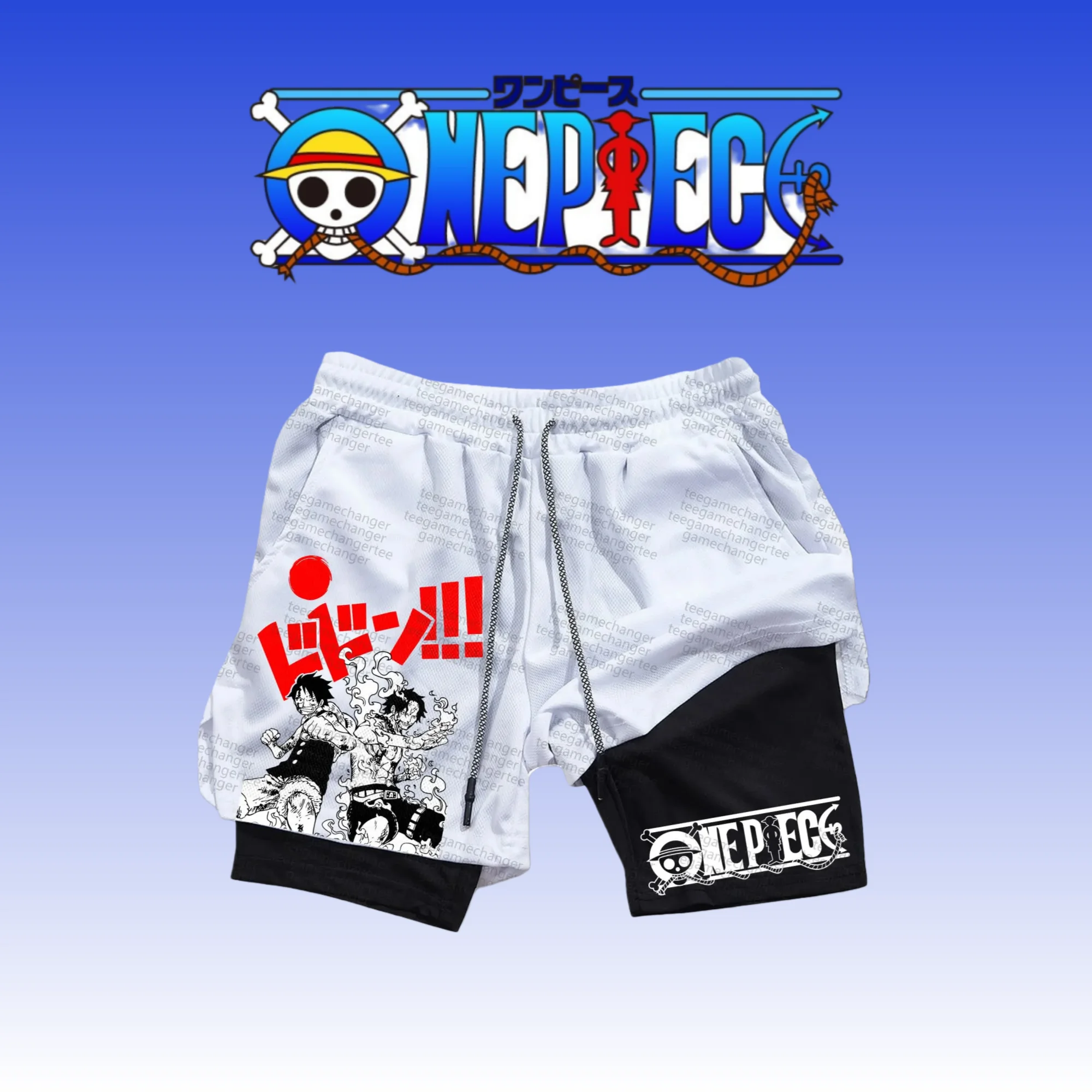 

ONE PIECE классические двойные шорты с периферийным принтом аниме Луффи, модные летние шорты с принтом 2025, 100% чистый хлопок, искусственные шорты из двух предметов