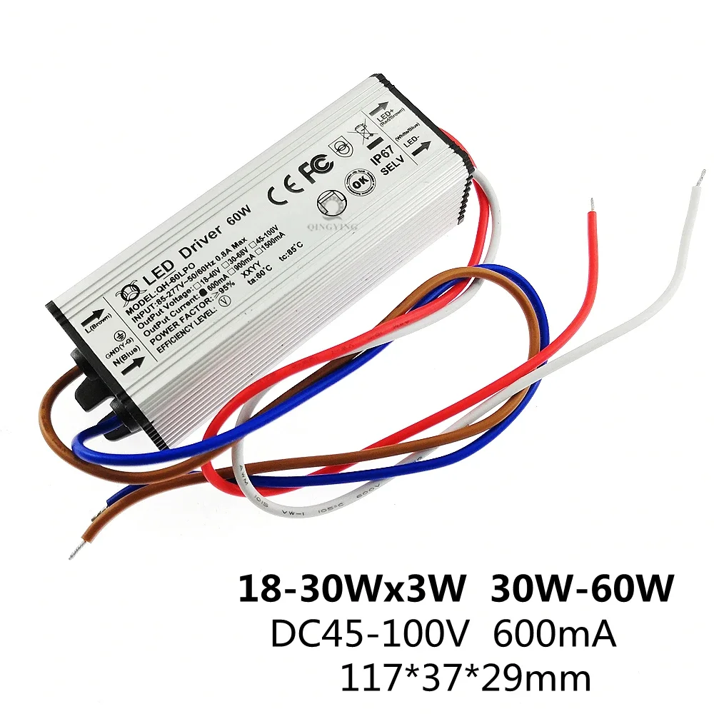 LED Driver 600mA Constant Current High PF 3W 10W 20W 30W 40W 50W 60W 1-2x3w 3-10x3w 10-18x3w 18-30x3w Lamp Lighting Power Supply