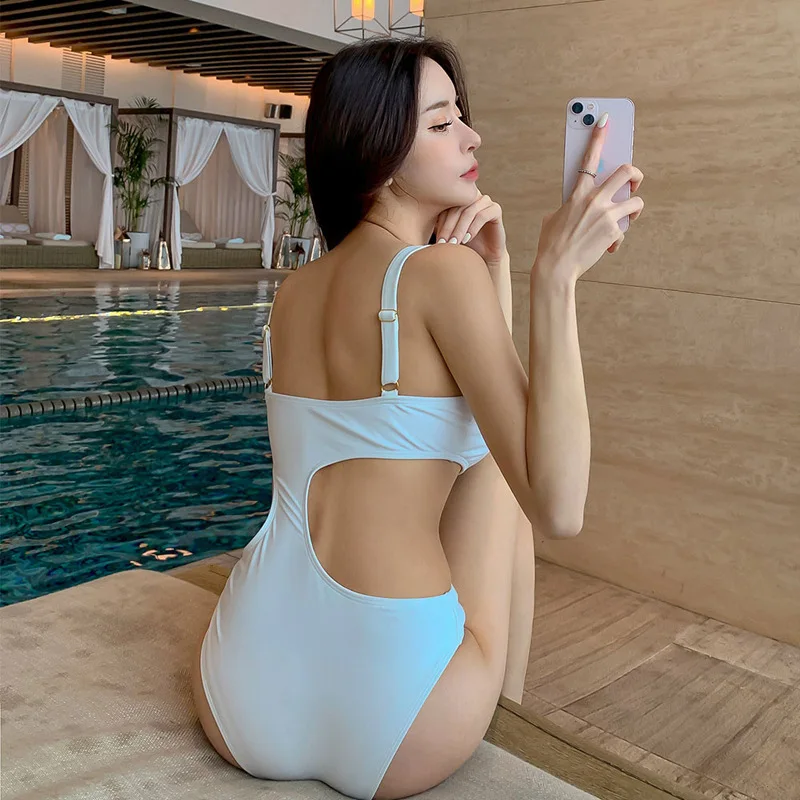Minsu 2025, nuevo traje de baño de Bikini de una pieza de Color sólido para mujer, traje de baño Sexy adelgazante para vacaciones
