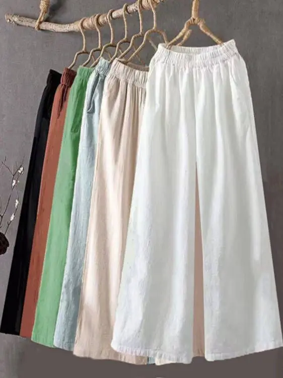 Oferta Especial: Calças Fenas de Linho e Aodão de Perna Larga, Finas para o Verão, Crimento 7/8, Soltas, Tamanhos ...