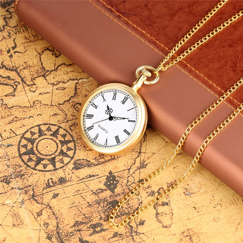 Luxury Golden Open Face Clock Roman Number Men Women Classic Quartz Analog Pocket Watch Necklace Pendant Chain Antique Reloj