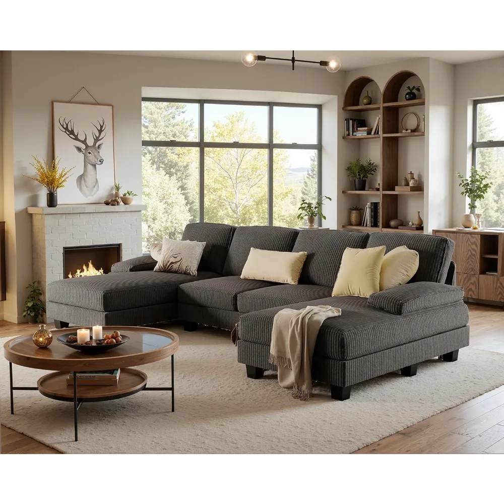 Living Room U-Shaped Modern Fabric Modular Sofa Sleeper with Double Chaise & Memory Foam (Corduroy, Deep Grey)