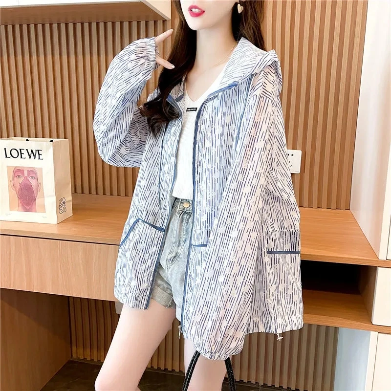 

2023 New Womens Summer Jacket Korean Print Sun Protection Clothing Cardigan Jacket Hooded Spring Zipper Windbreaker