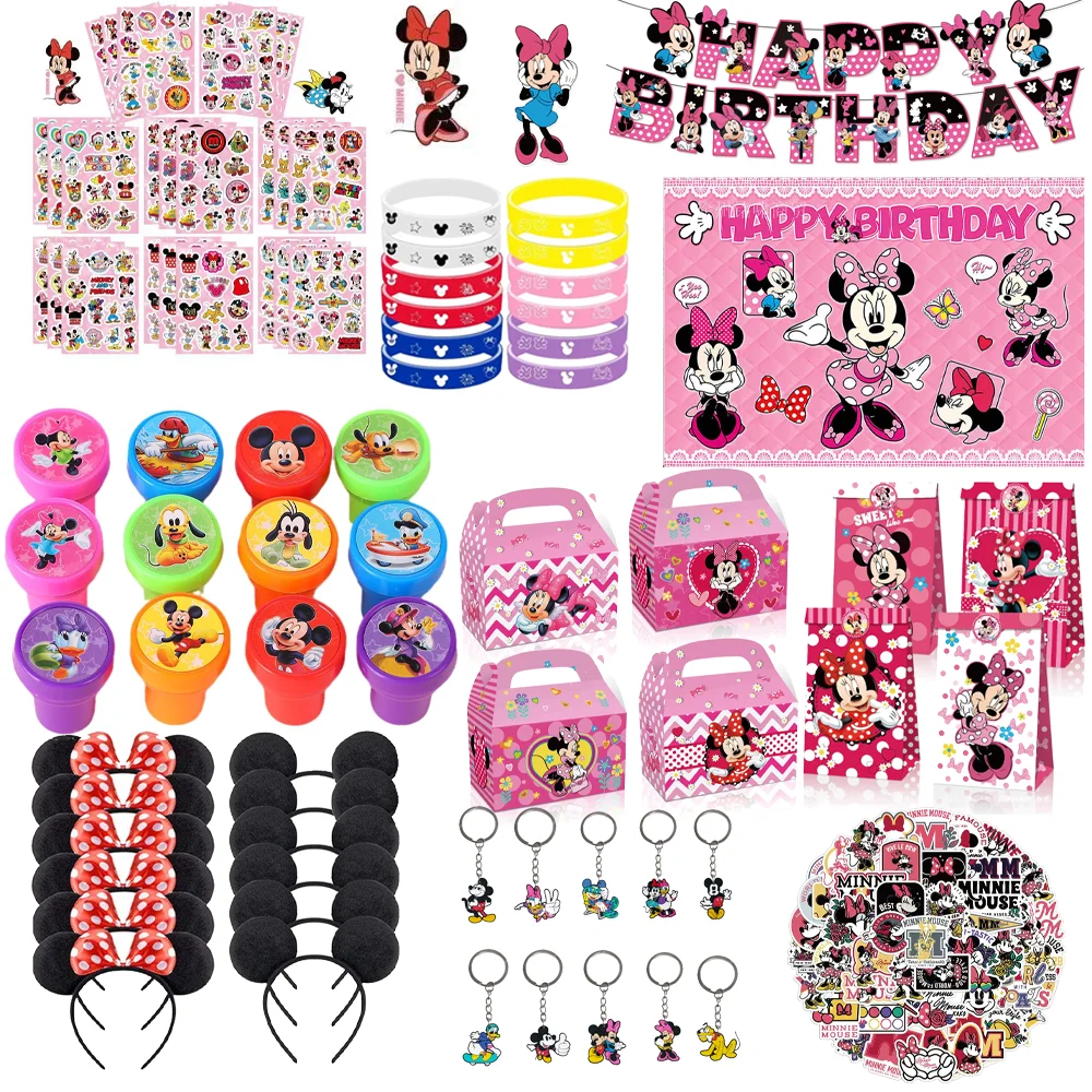 Artículos de Fiesta Temáticos de Minnie Mouse: Bolsas de Regalo, Pulseras, Pegatinas, Pancartas, Llaveros, Pajitas, Decoraciones para Fiestas de Cumpleaños Infantiles