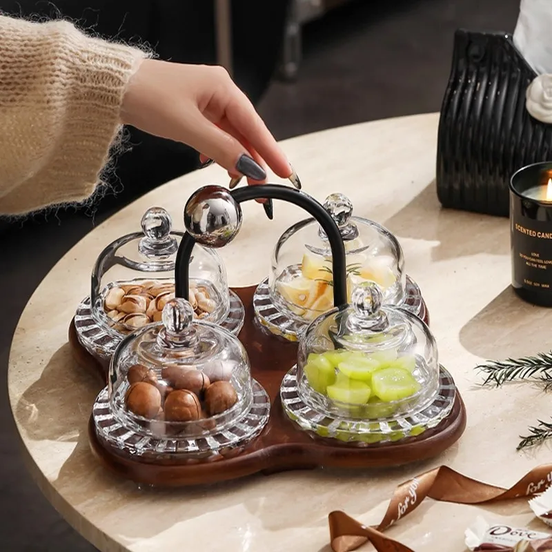 New Chinese-style Solid Wood Fruit Plate, Glass Dim Sum Cup, High-value Dried Fruit Plate Placement Plate, Dried Fruit Plate