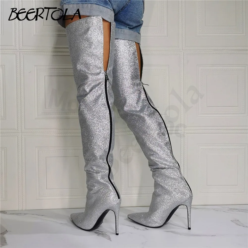 

Women's Sexy Silver Glitter Thigh Boots Larger Size Pointed-Toe Catwalk Over-The-Knee Boots Back Zipper Fashion Thigh Boots