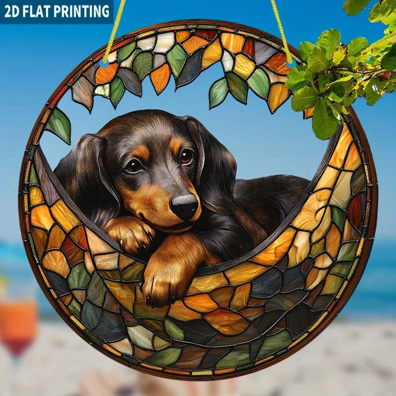 Acrylic Painting Stained Glass Style Adorable Dachshund Resting in Leafy Frame Round Window Hanging Decor, 2D Flat Plastic Art O