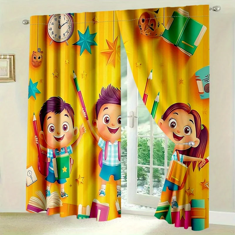 Cartoon Kids Curtain, Colorful School Student Print Drape, Education Theme Window Treatment for Living Room Bedroom Home Decor