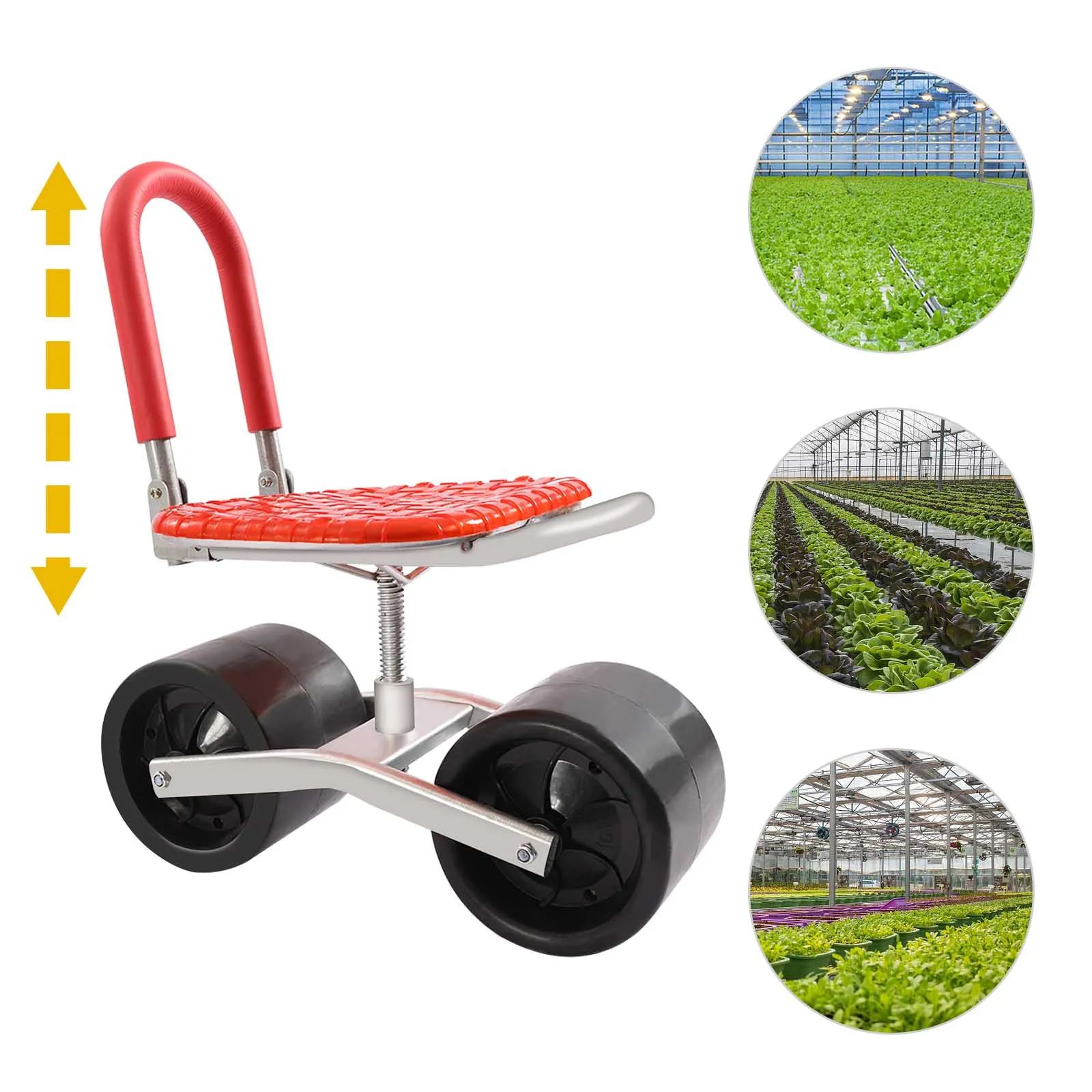 

Garden Cart Rolling Stool with Wheels Adjustable Height and Direction Stable Gardening Helper Equipped with a Red Seat Cushion