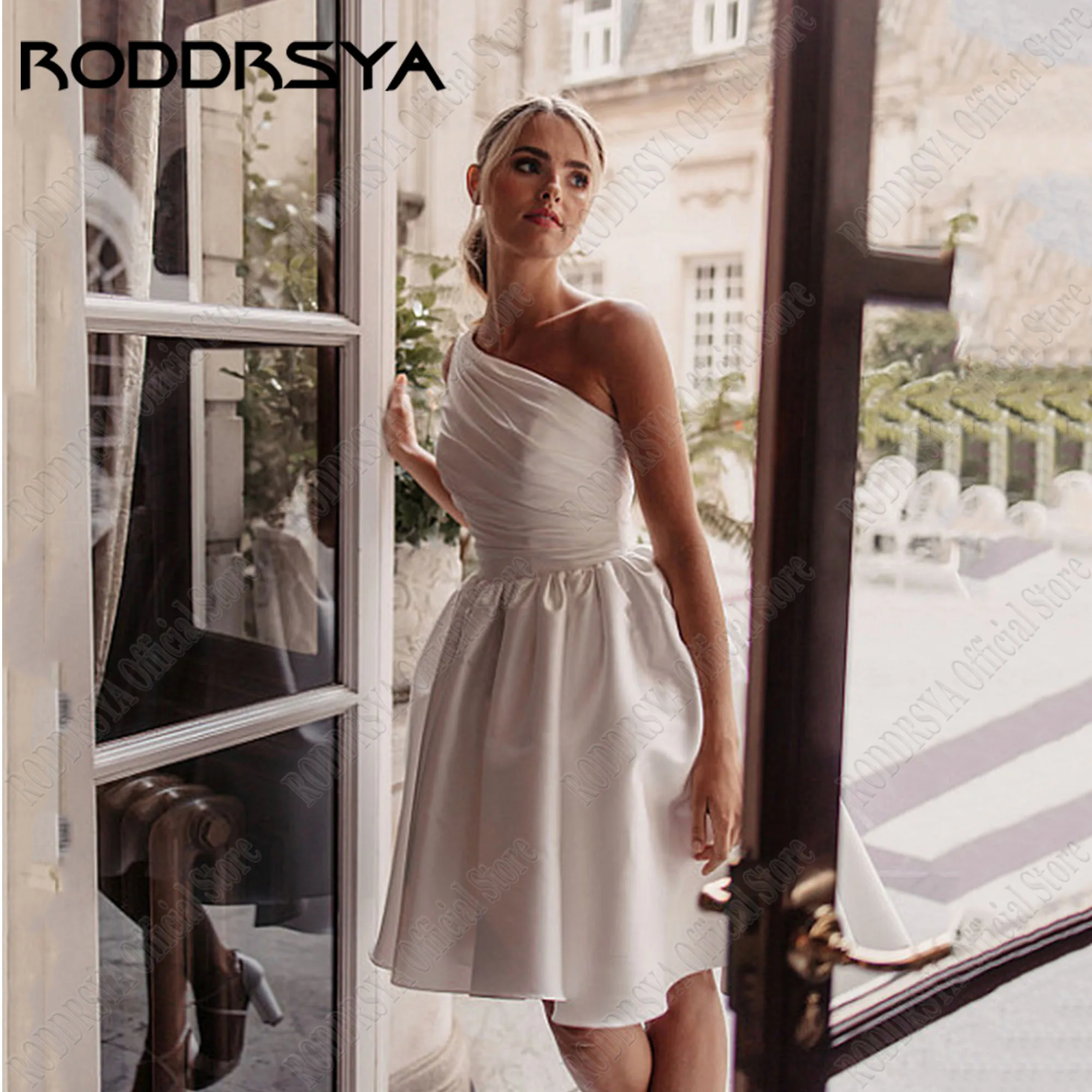RODDRSYA Short One Shoulder Gown For Bride Simple Satin A-Line Pleat Party Dress Backless Sleeveless Vestido De Novia Customized