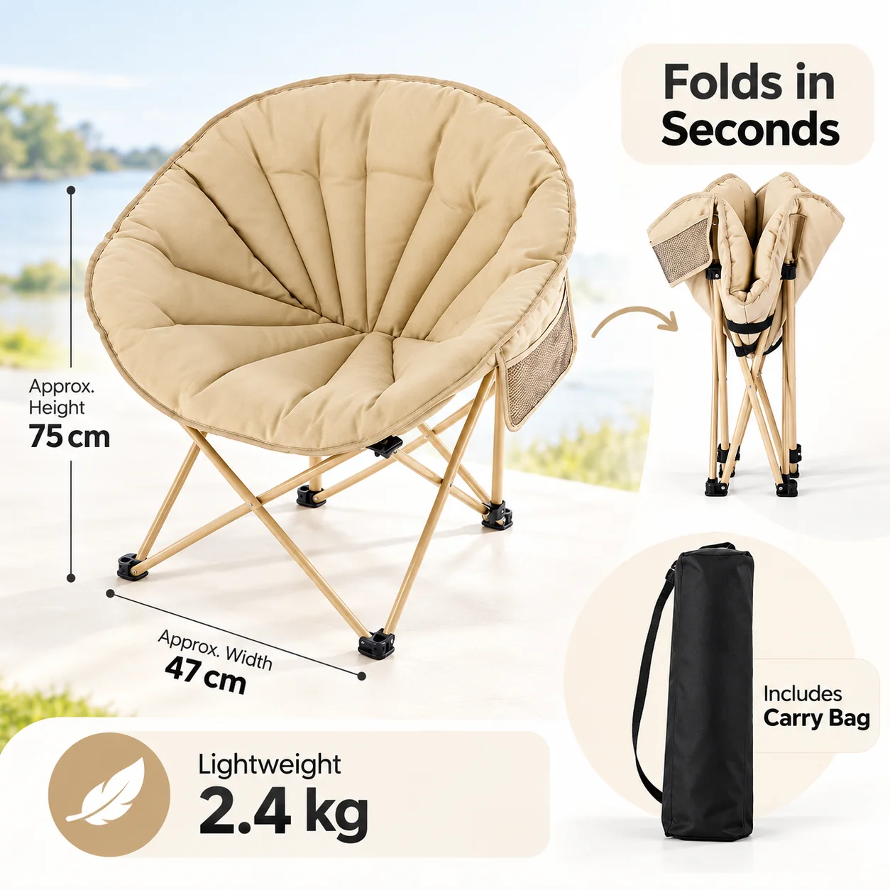 Portable Folding Moon Chair Padded Saucer Camping Chair with Carry Bag for Outdoor Beach Picnic Indoor Dorm view 2