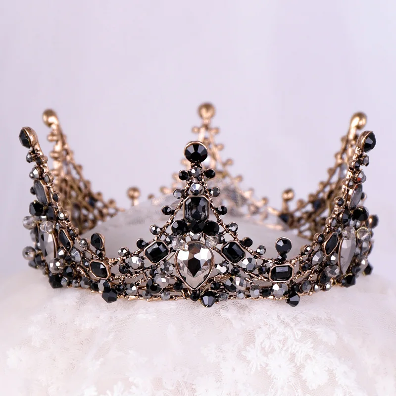Vintage Black Beads Tiara Round Gothic Crowns Hairband Rhinestone Baroque Headband Women Bride Wedding Hair Jewelry Accessories