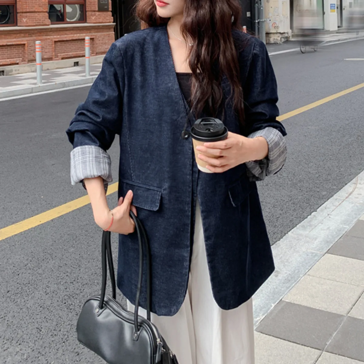 KWTX 2025 Retro Corduroy Denim Blazer Women’s Colorblock Patchwork Single Button V-Neck Jacket High-Quality Autumn Office Outfit