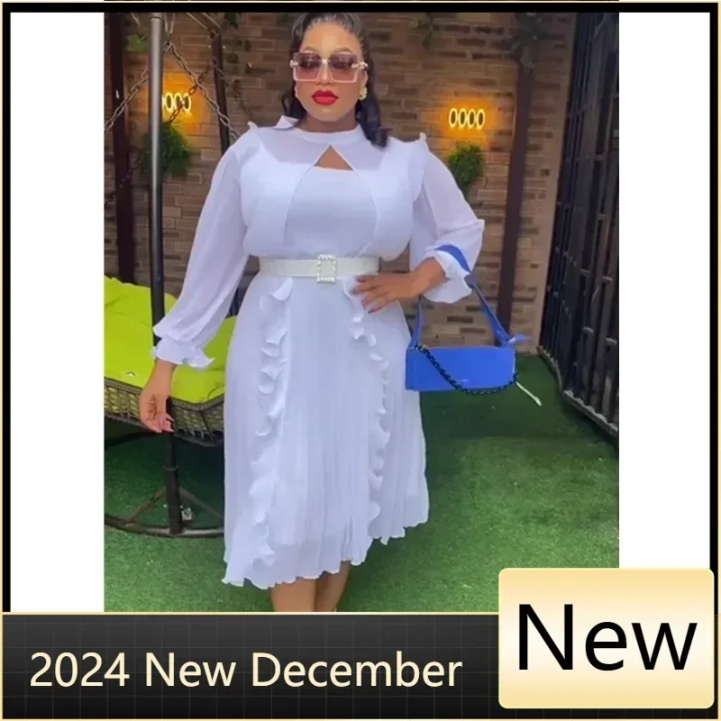 Maßgeschneiderte Frauen Chiffon Kirche Event Kleid Lange Ärmel Rüschen Plissee Mit Taille Gürtel Elegante Afrikanische Weibliche Formale Feiern