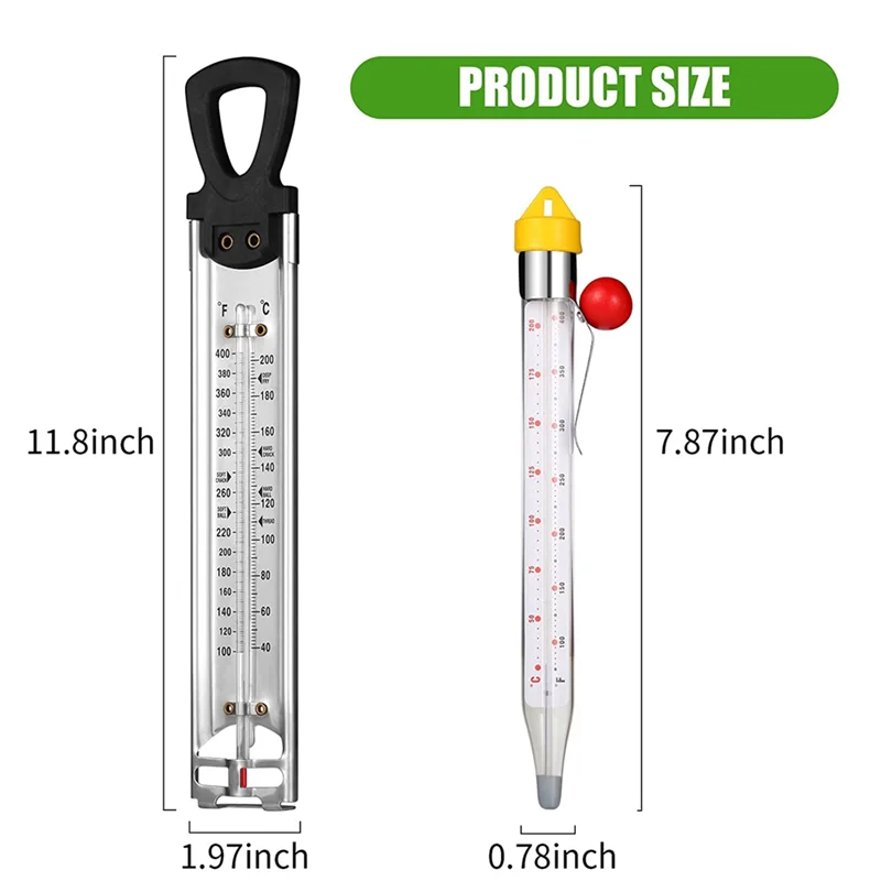 2Pcs Sugar Thermometer with Pot Clip, Stainless Steel Sugar Syrup Jelly Oil Deep Fry Thermometer with Hanging Hole