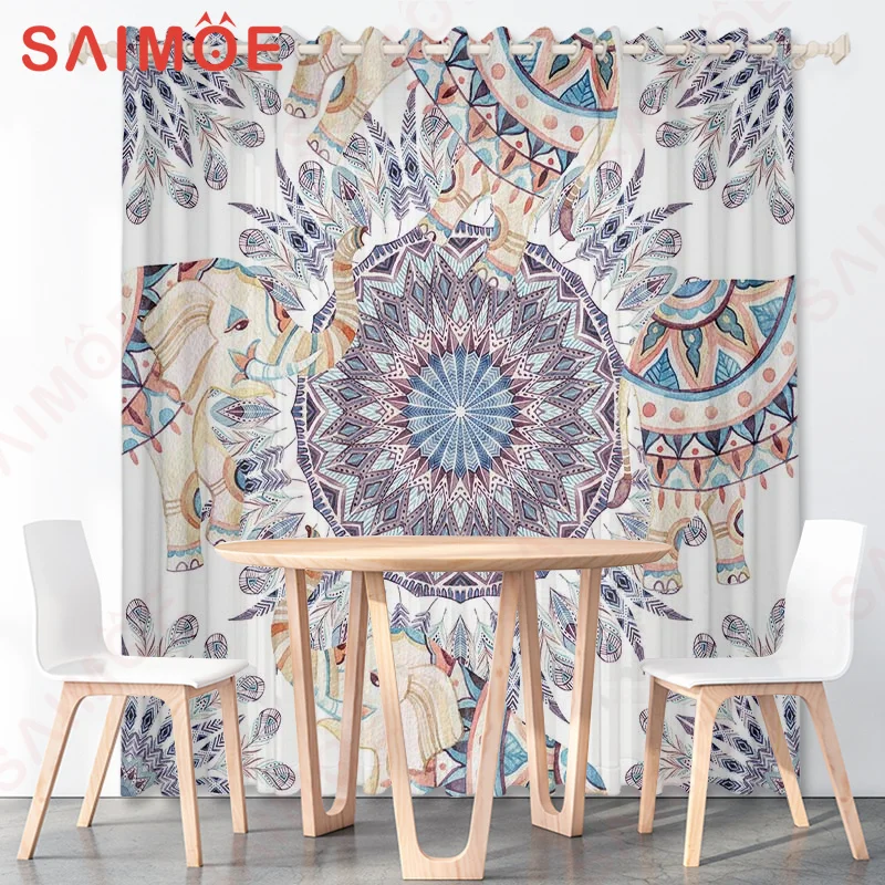 HD Southeast Asia Classic Buddhist Curtains Elephant Patterns Thin Polyester Fabric Temple Custom Pictures Decorative with Hooks