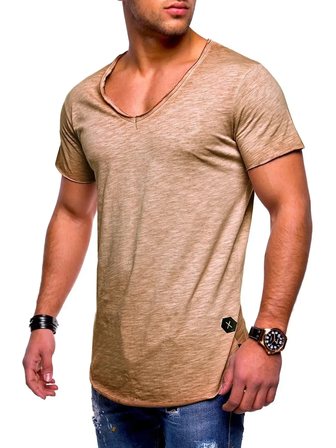 Men\'s T-shirt  Explosion Models Large Size V-neck Stretch Solid Color Short Sleeve Youth Base Shirt Factory Direct Vest