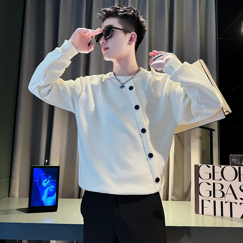 2025 New Corduroy Sweatshirt for Men Spring and Autumn Fashion Korean Style Trendy Round Neck Long Sleeve T-Shirt Base Shirt