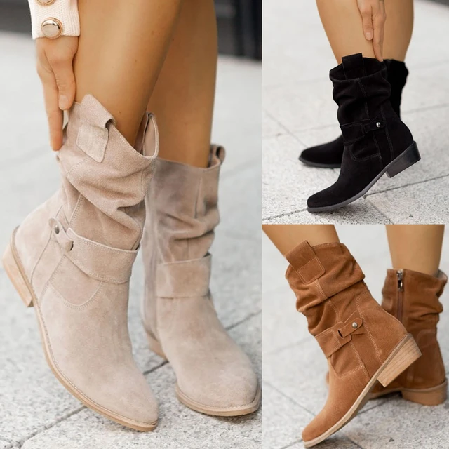 2023 Winter Warme Suede Dames Laarzen Vintage Rits Schoenen Gesp Dame Mid Kuit Laars Outdoor Dikke Lage Hak Dames Puntige Laarsjes AliExpress