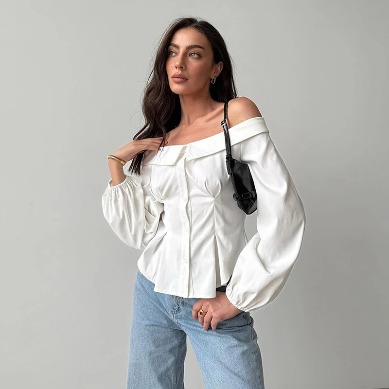 

Sexy Slash Neck White Shirts Women Korean Elegant Slim Long Sleeve Blouses Ladies All Match Single Breasted Crop Blusas Mujer