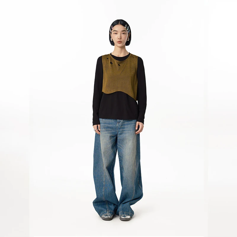 MOVEUP Long Sleeves Round Neck T-Shirt Spring Hollow Contrast Color Asymmetrical Hem Two-Piece Set Top For Women 125110402