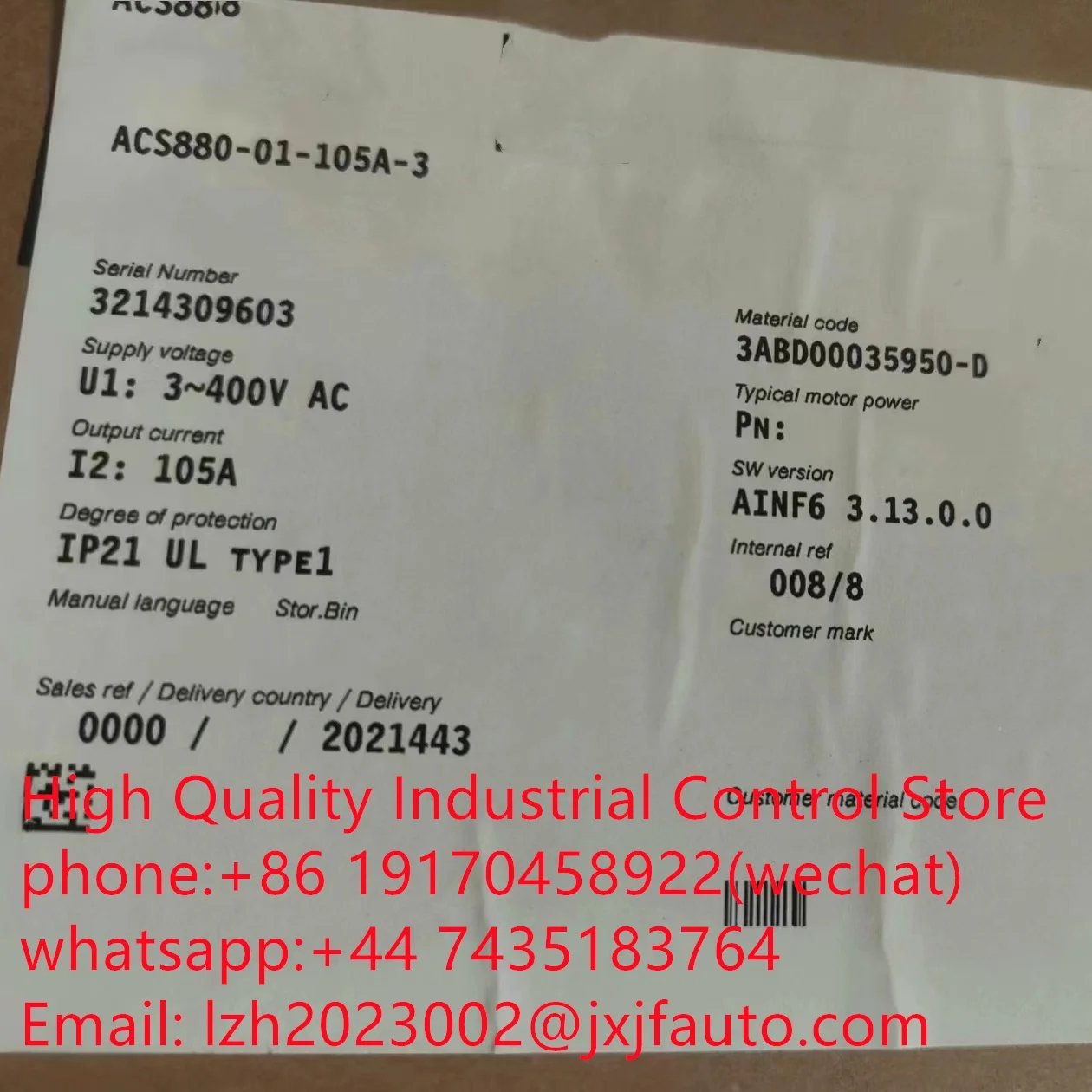 ACS880 series VFD，ACS880-01-087A-3，order  number 3ABD00035949-D