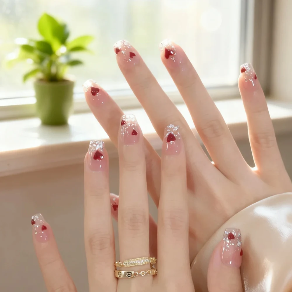 1 قطعة الأحمر والأبيض القلب النجمي ملصقات الأظافر عيد الحب الأحمر القلب بريق مسمار ملصقات لطيف الخوخ القلب ل مانيكير مائي #4