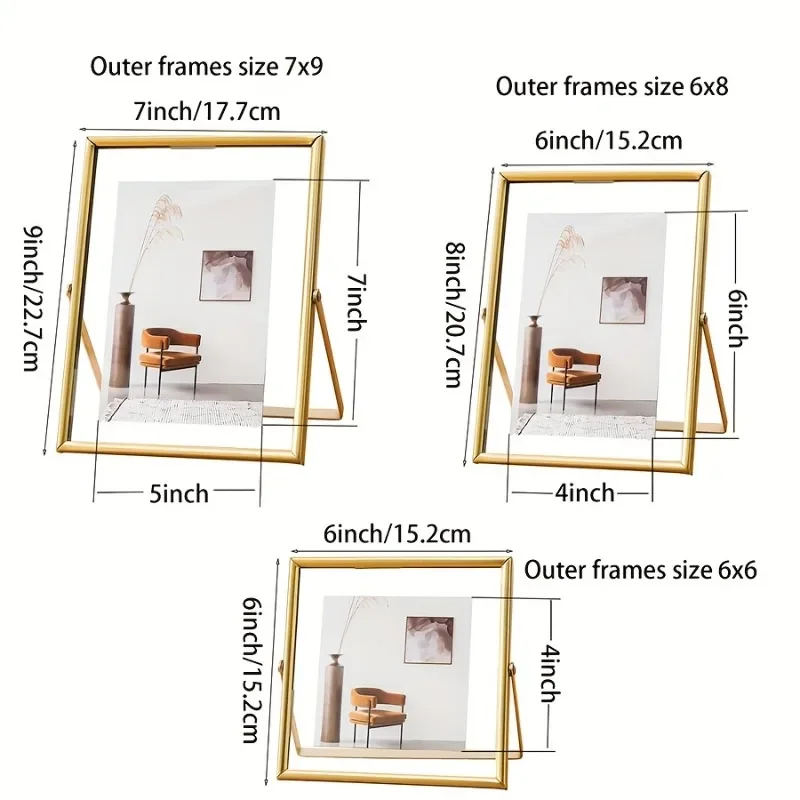 Set of 3 Metal Glass Picture Frames 4X4 5X7 4X6inch for Tabletop Decor Floating Photo Frames for Home Wedding Holiday Decoration